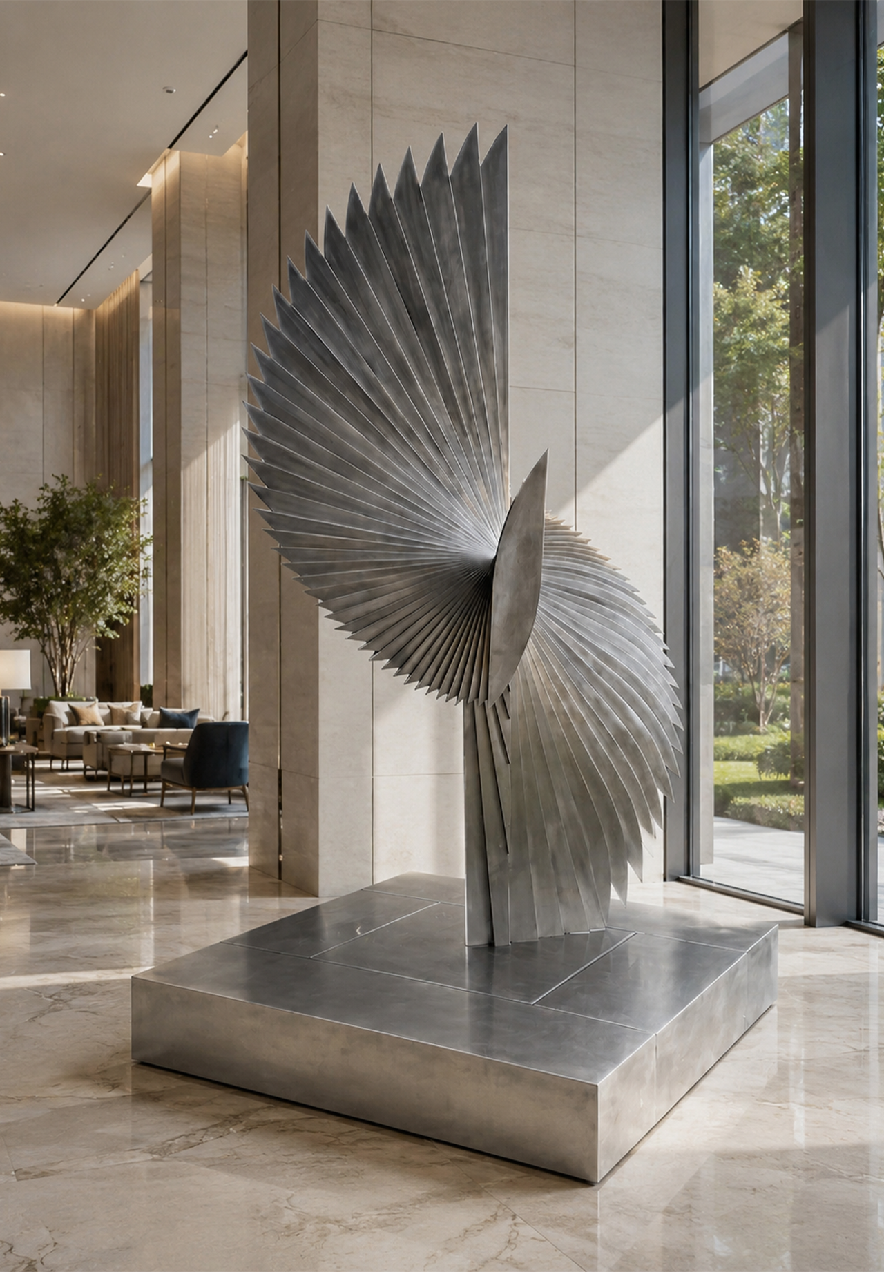 Close-up of a flowing satin-finish metallic sculpture form used as the hero visual for a bespoke art consultancy service