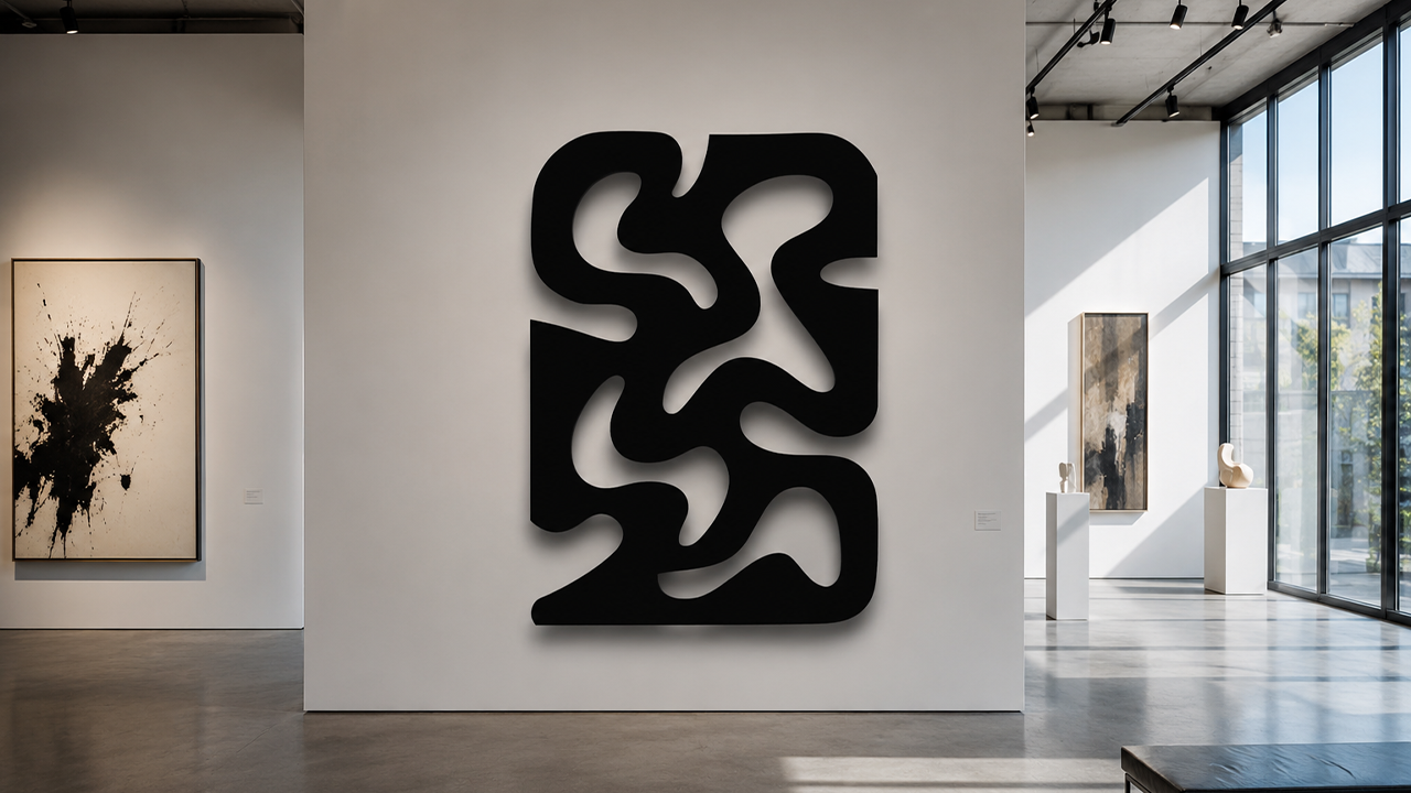 Sculpture murale abstraite noire pour galerie d’art