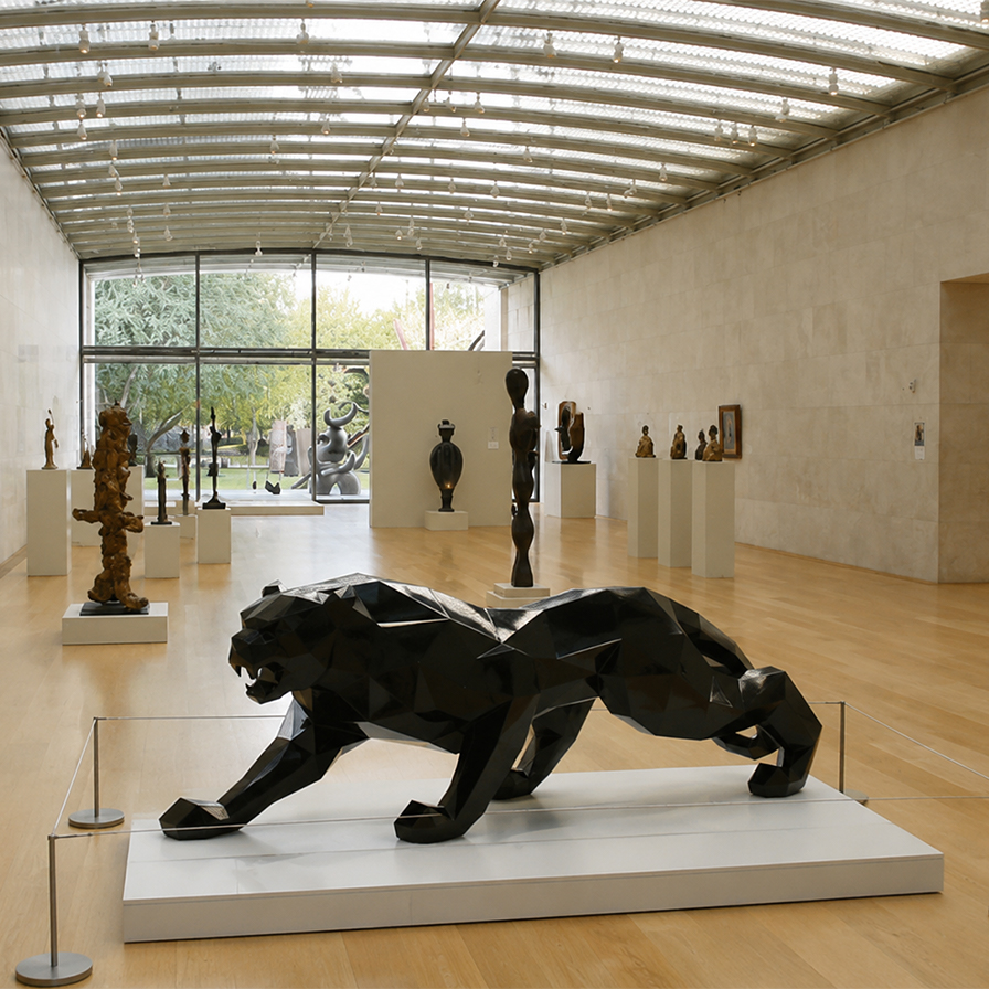 Sculpture panthère géométrique noire pour musée