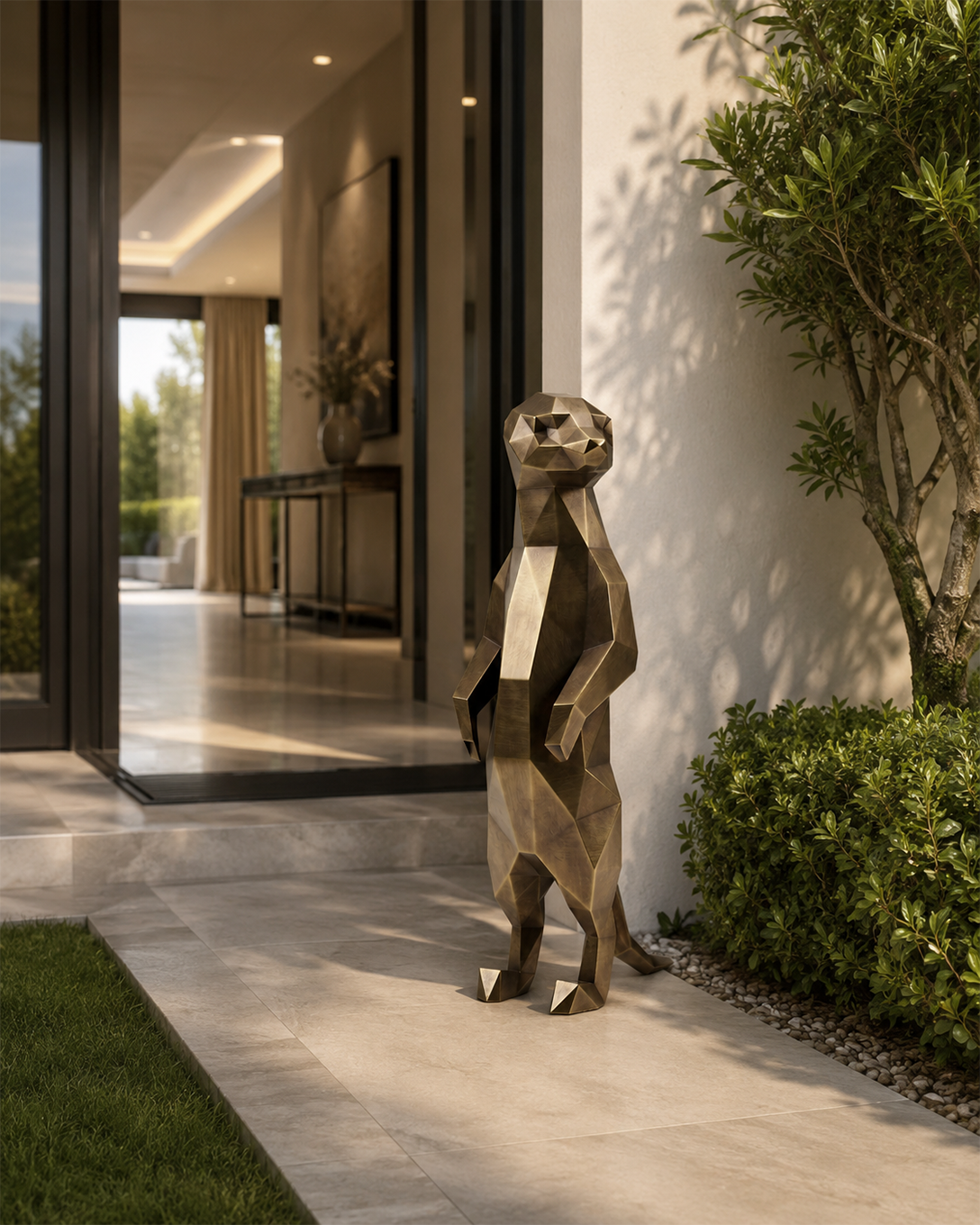 Sculpture suricate géométrique bronze pour entrée de villa