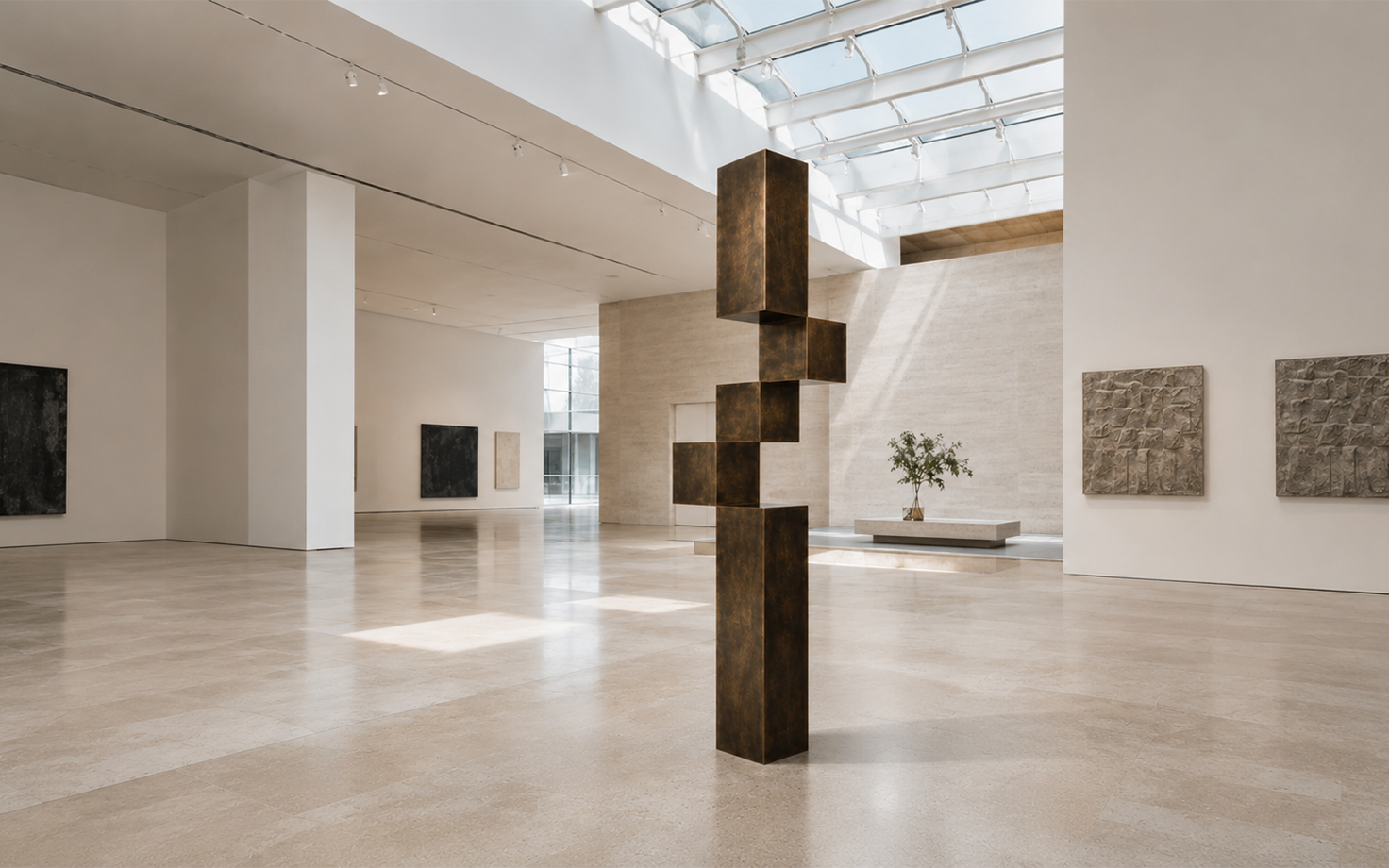 Sculpture totem cubes empilés en bronze pour galerie