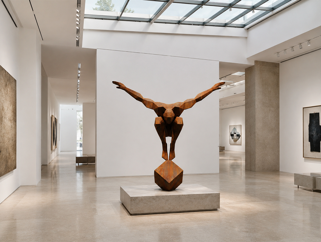 Sculpture figure acrobate en acier corten pour galerie
