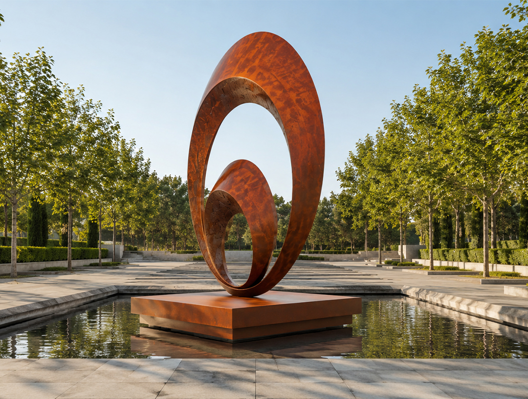 Sculpture monumentale double boucle en acier corten pour jardin d’eau