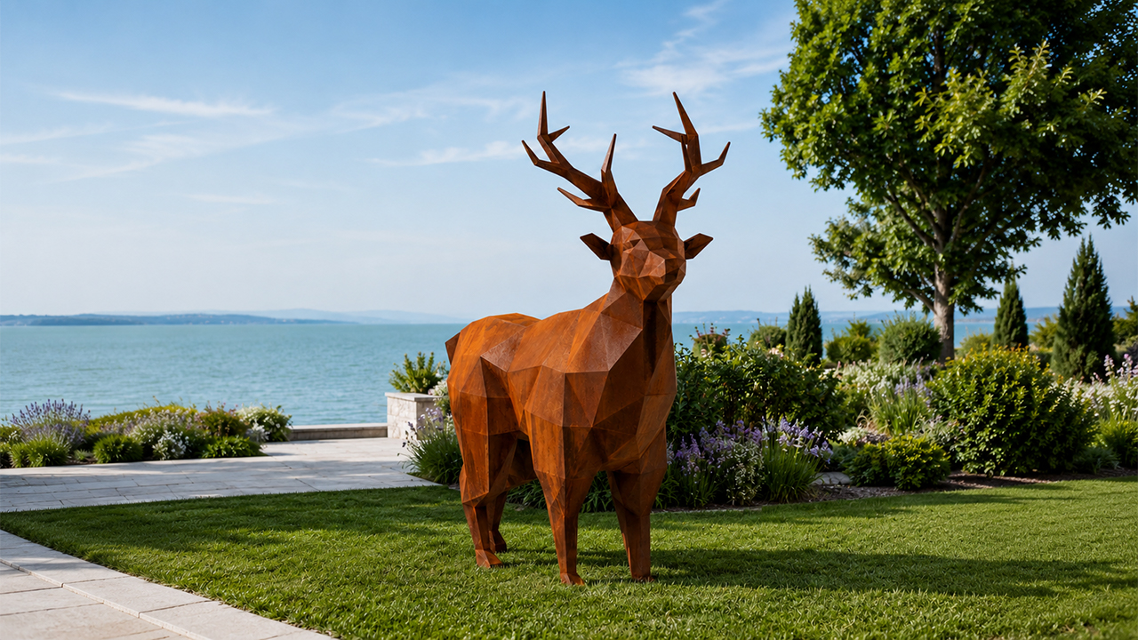 Sculpture cerf géométrique en acier corten pour jardin