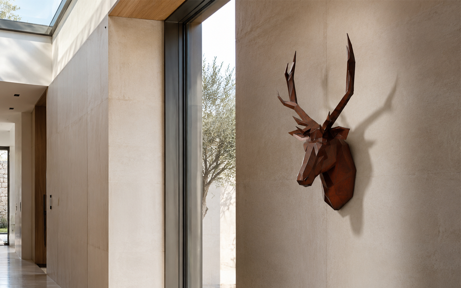 Sculpture murale tête de cerf en acier corten pour villa