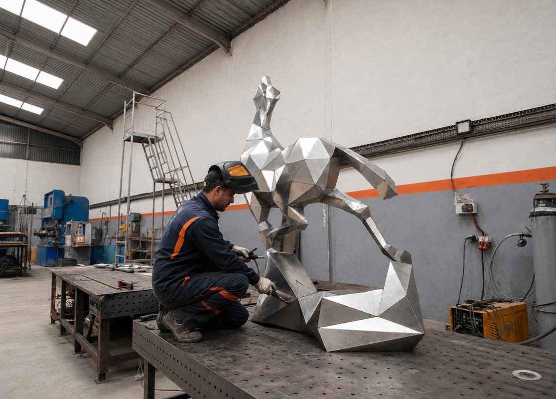 Craftsmen assembling a steel sculpture — JOJMA atelier