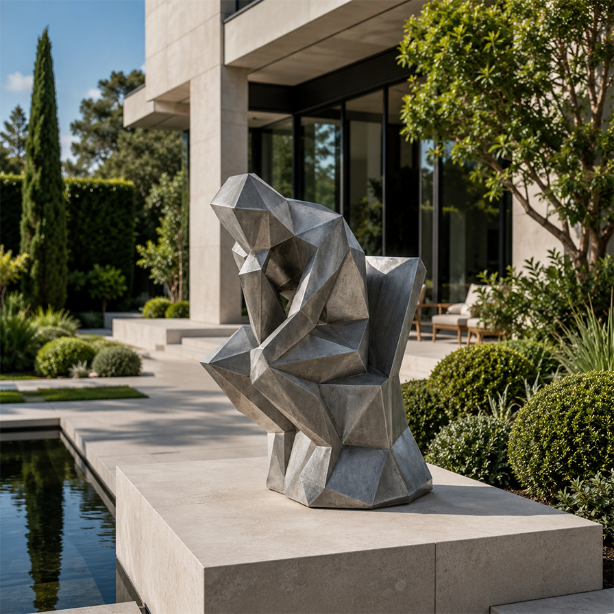 Sculpture abstraite géométrique grise pour jardin de villa