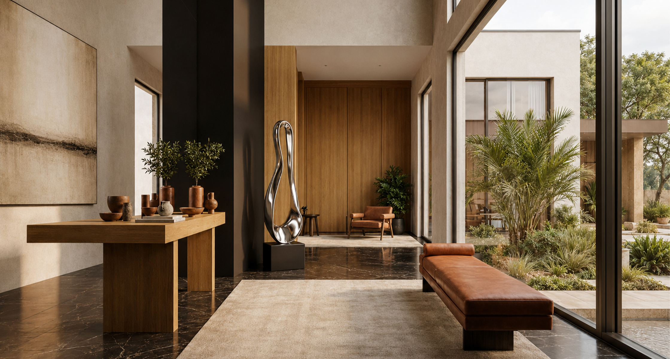 Editorial hero visual for the JOJMA art consultancy and sculpture production studio, showing sculptural screens and objects in a luxury interior