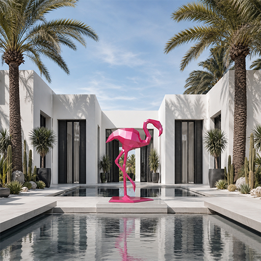 Pink faceted flamingo sculpture standing by a reflecting pool in a modern villa courtyard framed by palm trees