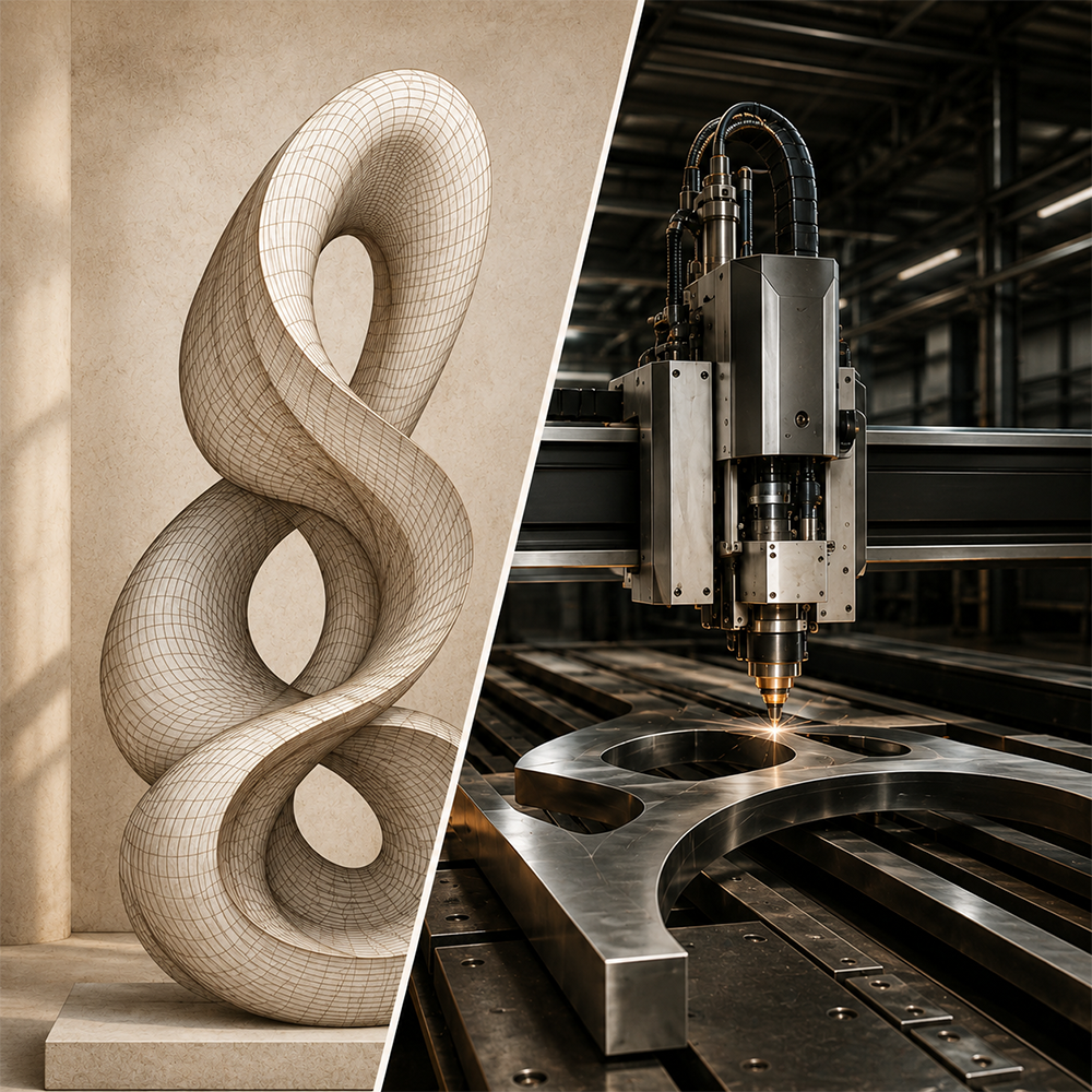 Split composite showing a 3D wireframe sculpture model beside a CNC laser cutting head slicing curved shapes from a metal sheet in a workshop