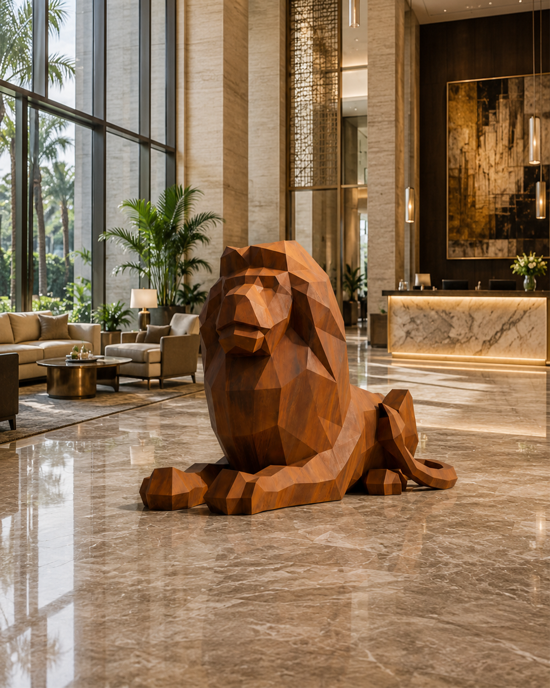 Sculpture lion géométrique en acier corten pour lobby d’hôtel