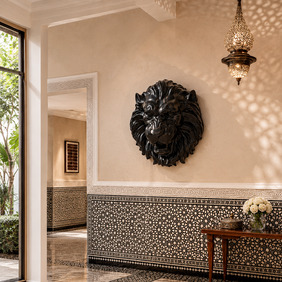 Sculpture tête de lion bronze noir pour couloir d’hôtel