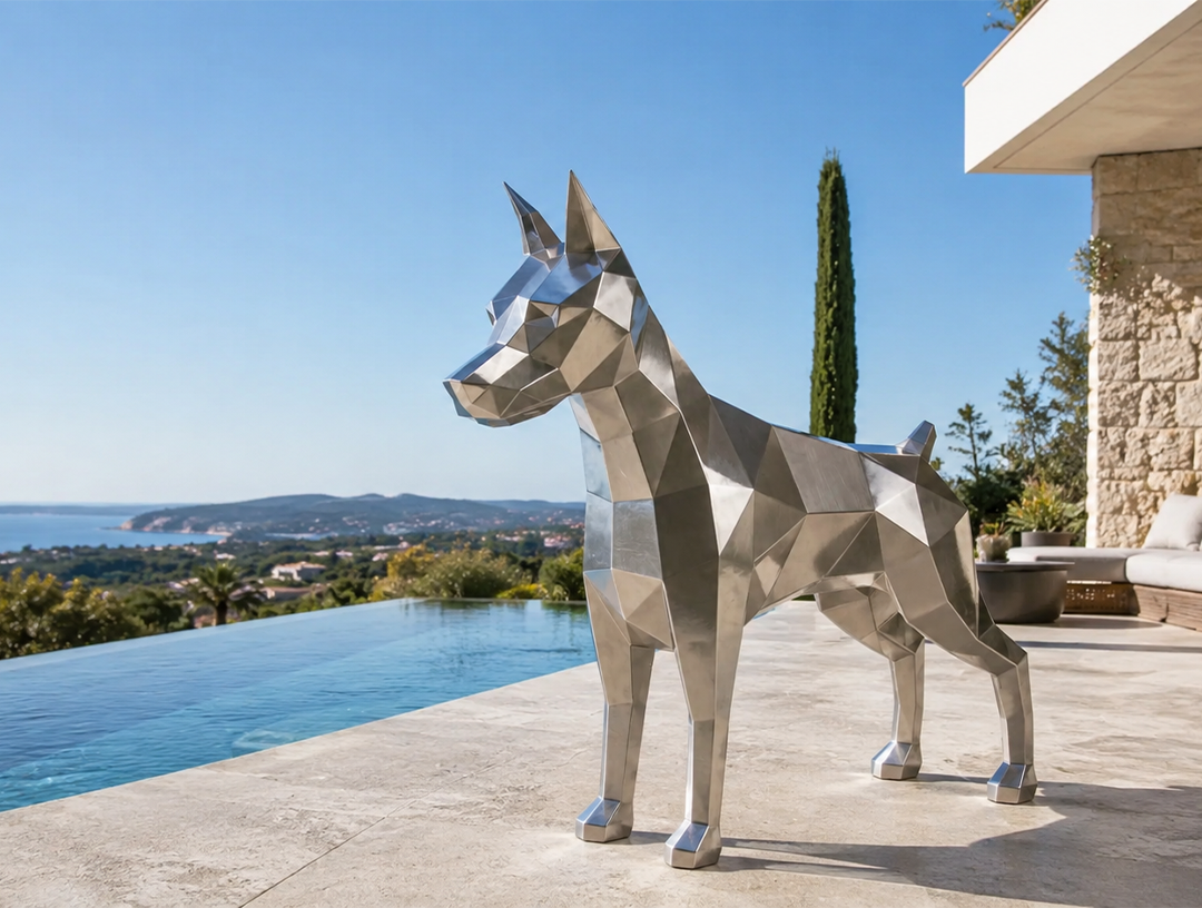 Sculpture chien géométrique en acier inoxydable pour terrasse de villa