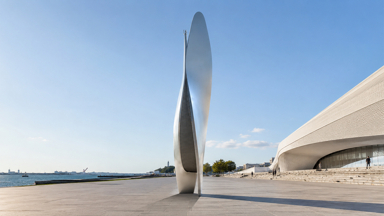 Sculpture monumentale monolithe torsadé en acier inoxydable pour waterfront
