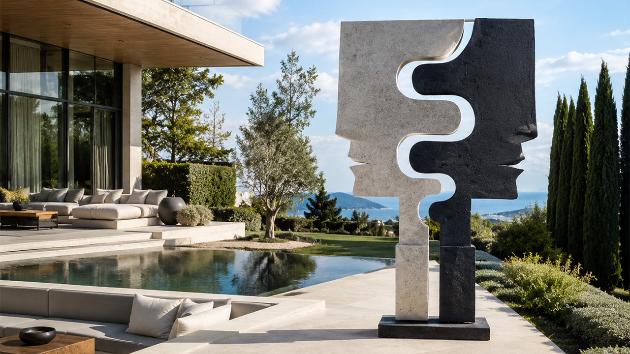 Sculpture double profil visage en pierre pour terrasse de villa