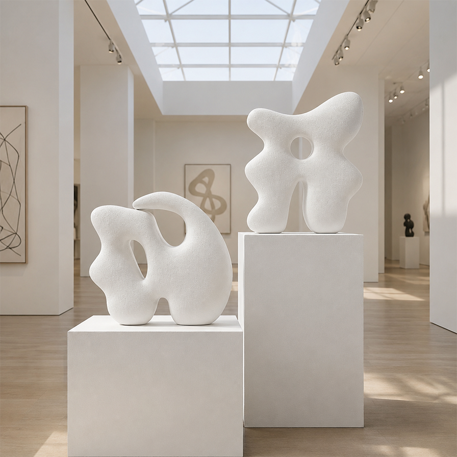 Sculptures organiques blanches sur socles pour galerie d’art