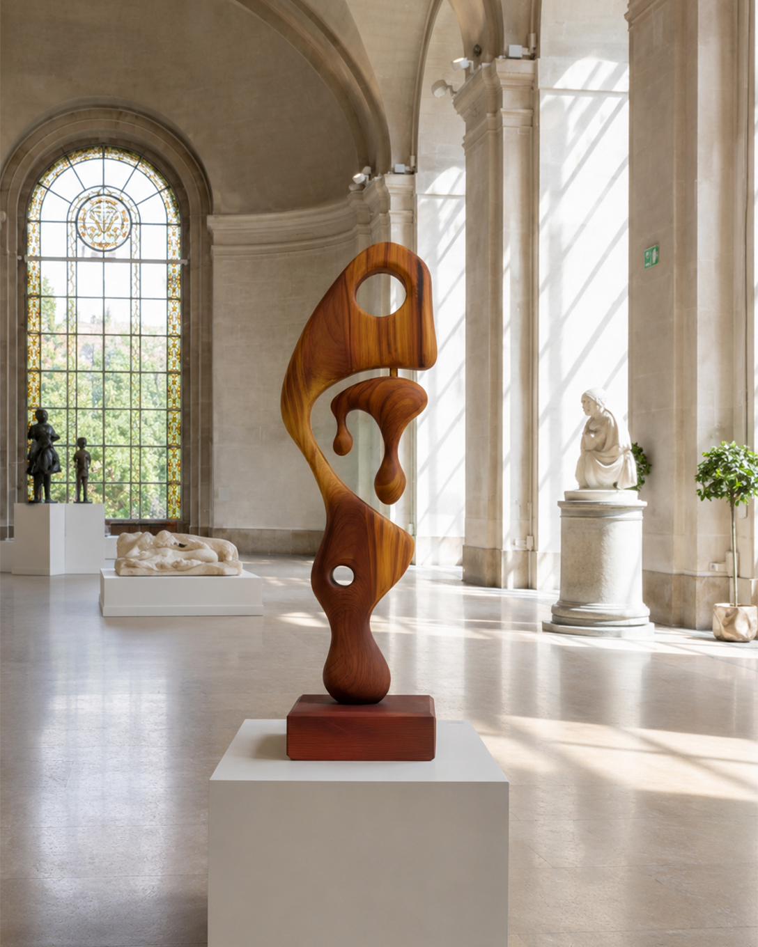 Sculpture abstraite biomorphique en bois pour musée