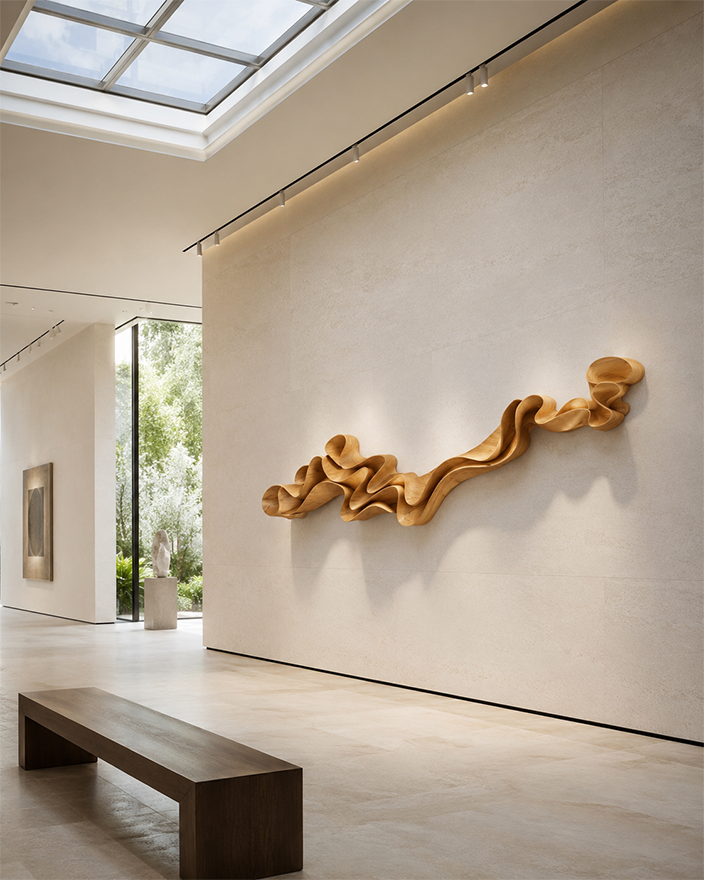 Sculpture murale vague en bois pour galerie d’art